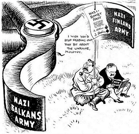 Карикатура з британської Daily Mail (1 травня 1941 року). Сталін каже Молотову, котрий сидить із книгою Гітлера: "Годі вже читати той шматок про Україну". Джерело: cartoons.ac.uk